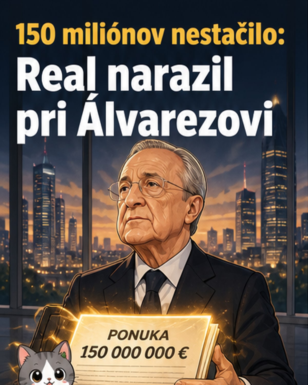 Ilustrovaná scéna: Futbalové ihrisko v Madride, dva hráči v drese Real Madrid a Atlético Madrid sa pozerajú na seba cez rozdelené logo s nápisom 150 mil. € a 500 mil. €, symbolizujúce ponuku a výkupnú cenu.