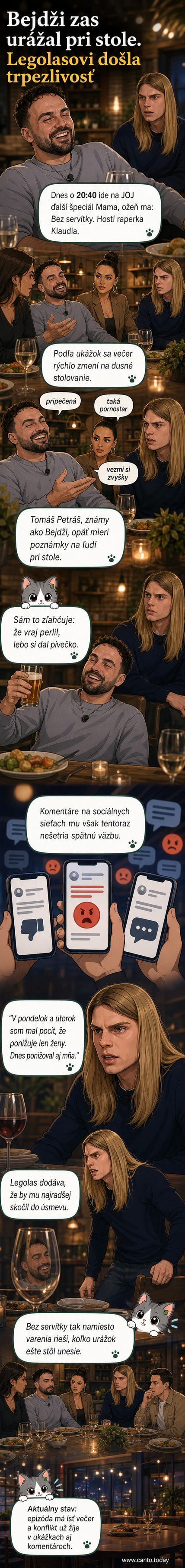 Štyria súťažiaci sedia pri stole, Bejdži sa usmieva, ostatní vyzerajú rozčílene.