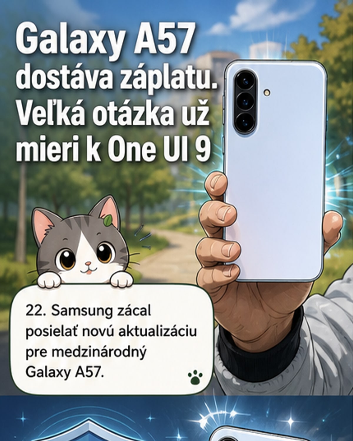 Ilustrácia smartfónu Samsung Galaxy A57 s upozornením na novú softvérovú aktualizáciu a ikonou bezpečnostnej záplaty.
