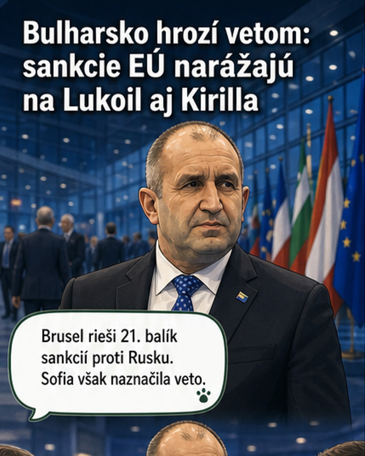 Ilustrácia bulharského premiéra Rumena Radeva stojaceho pred budovou Európskej rady v Bruseli s výrazom odhodlania.