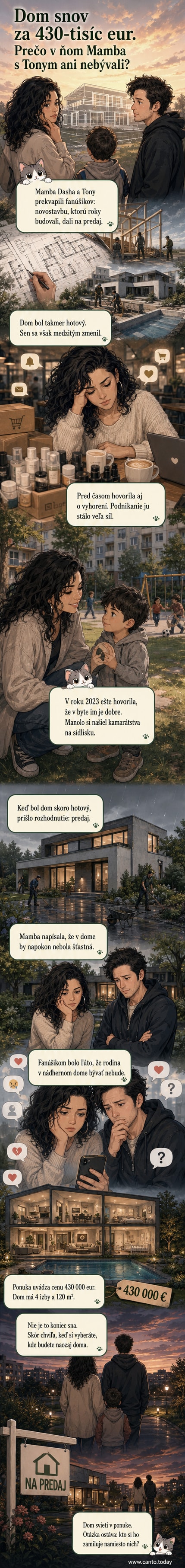 Ilustrácia luxusného novostavby s bazénom a záhradou, pred ktorým stojí Mamba Dasha a Tony s detinou. Dom je označený cedulkou 'Na predaj'.