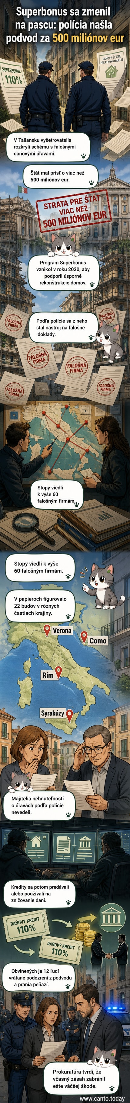 Ilustrácia zobrazuje talianske mesto s budovami, ktoré sú označené ako „rekonštruované“, pričom nad nimi visí značka s nápisom „falošné doklady“ a peňažná suma 500 miliónov eur.