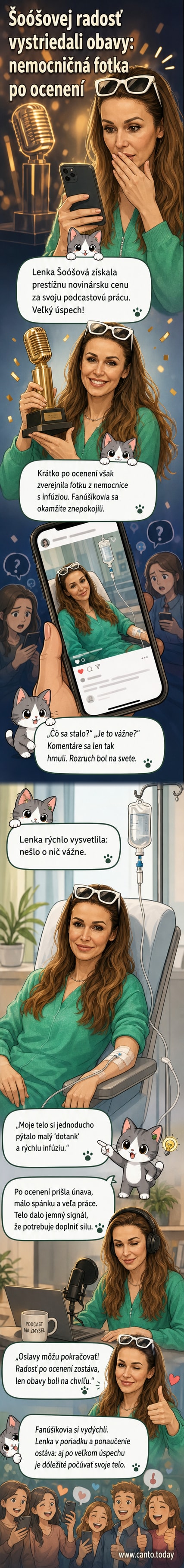 Lenka Šoóšová sedí v nemocničnom posteľníku, drží infúziu a usmieva sa do fotoaparátu.