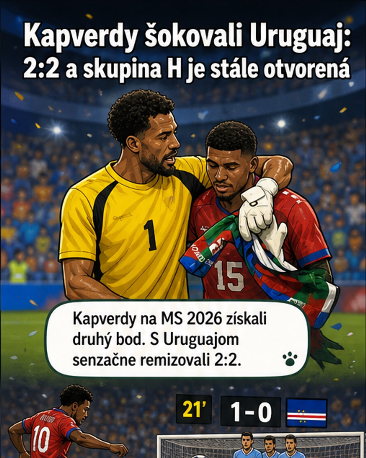 Fotografia z futbalového zápasu: brankár Vozinha a Laros Duarte slávili po remíze Kapverd s Uruguajom 2:2 na Majstrovstvách sveta 2026.