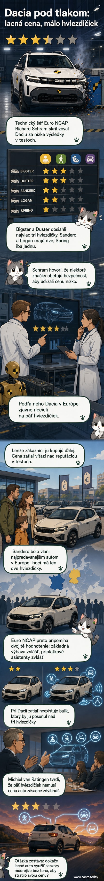 Ilustrácia testu zrážky auta Dacia s ikonkami bezpečnostných systémov a hviezdičkami Euro NCAP.
