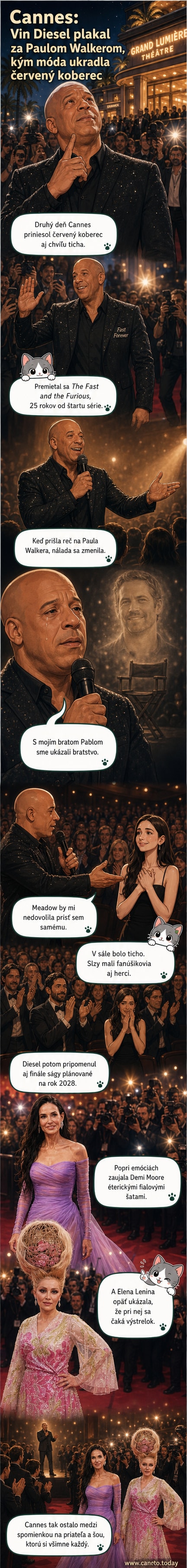 Vin Diesel na pódiu v sále počas premietania Fast & Furious v Cannes, s rukami zloženými na hrudi, oči plné slzí, v pozadí zástava s nápisom Fast Forever