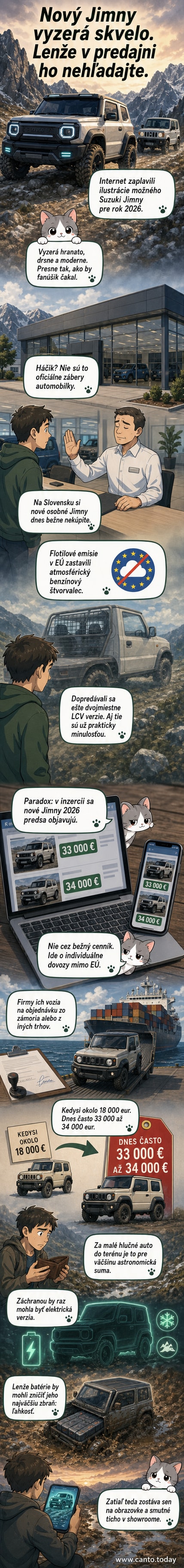 Ilustrácia novej generácie Suzuki Jimny s hranatým dizajnom a modernou LED optikou, v pozadí mapa s trasou z Japonska do Európy.