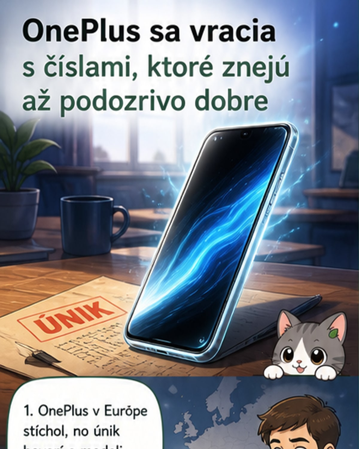 Ilustrácia budúceho smartfónu OnePlus 16 s tenkými rámčekmi, veľkým displejom a označením 9 000 mAh batérie.