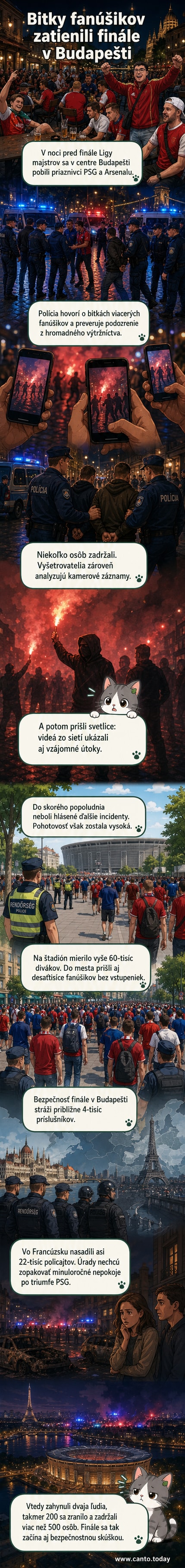 Ilustrácia: Dve skupiny fanúšikov sa bijú v centre mesta, policajti zasahujú, na pozadí svieti štadión a svetlice.