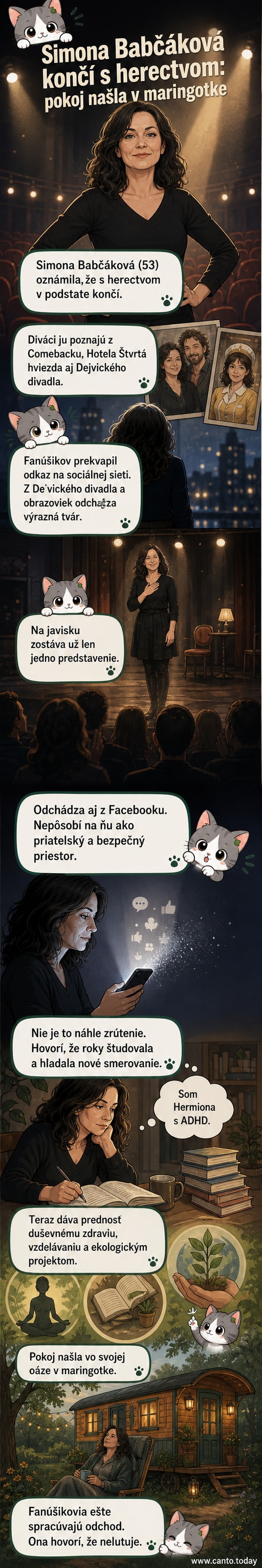 Herečka Simona Babčáková stojí pred malou maringotkou, pozadí má prírodu a klid, v ruke drží knihu.