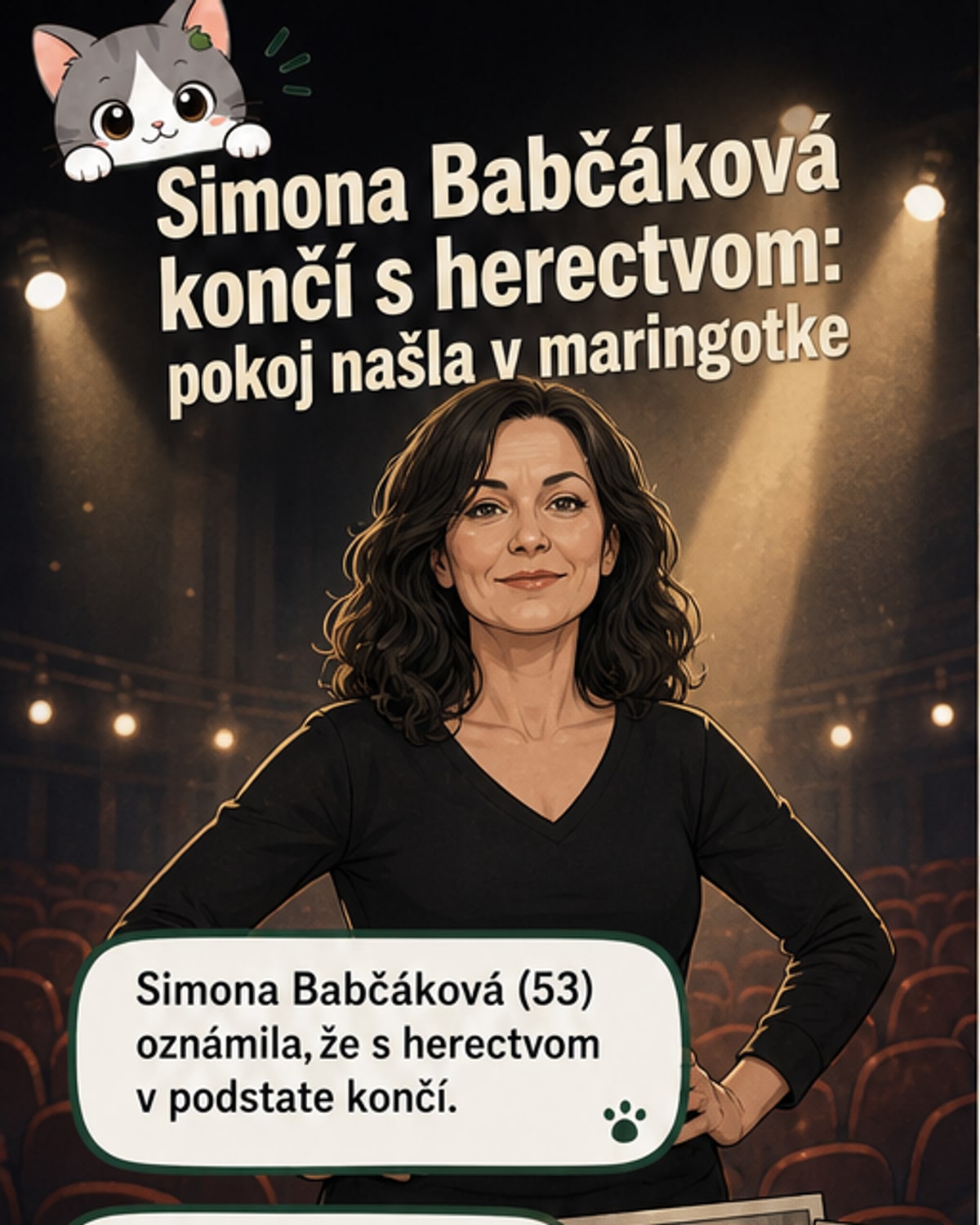 Herečka Simona Babčáková stojí pred malou maringotkou, pozadí má prírodu a klid, v ruke drží knihu.