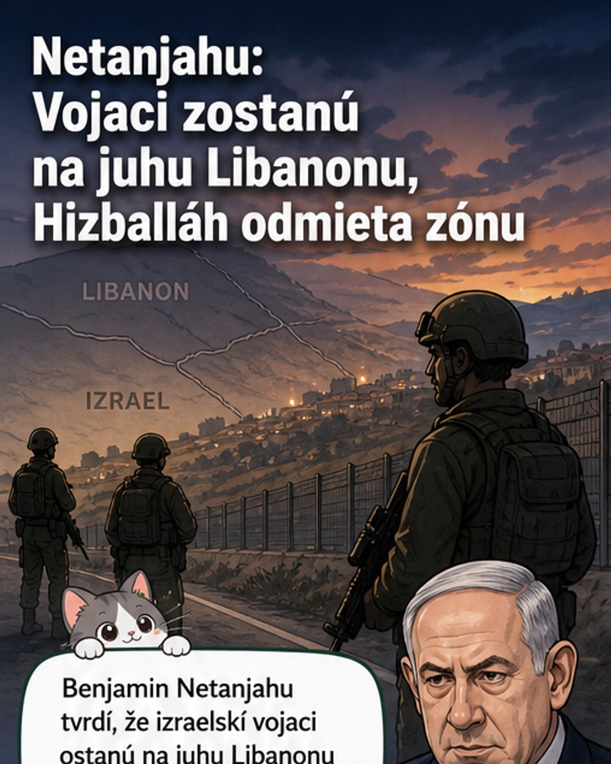 Ilustrácia zobrazuje izraelské vojenské jednotky na južnom okraji Libanonu, na pozadí hranica s vojenskými barikádami a vzdialené výbuchy.