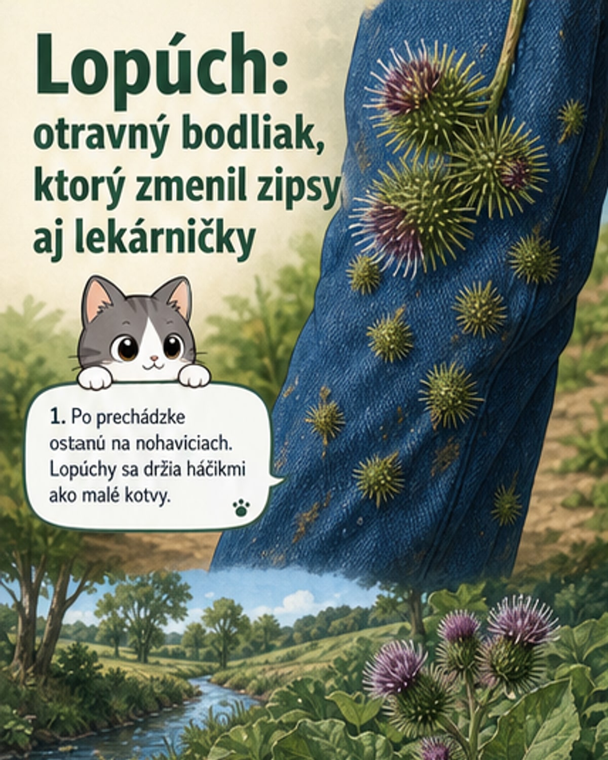 Ilustrácia lopúcha s pichľavými semenami a detailom háčikov, ktoré sa chytajú za látku, vedľa ikony suchého zipsu.