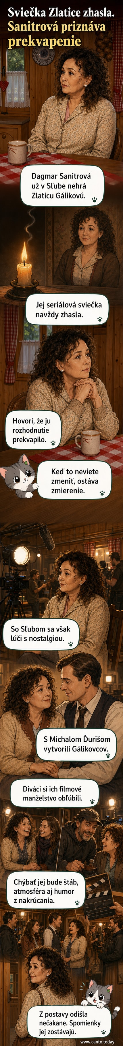 Herečka Dagmar Sanitrová v kostýme postavy Zlatice Gálikovej zo seriálu Sľub, stojí na pozadí dedinského prostredia s vážnym výrazom.