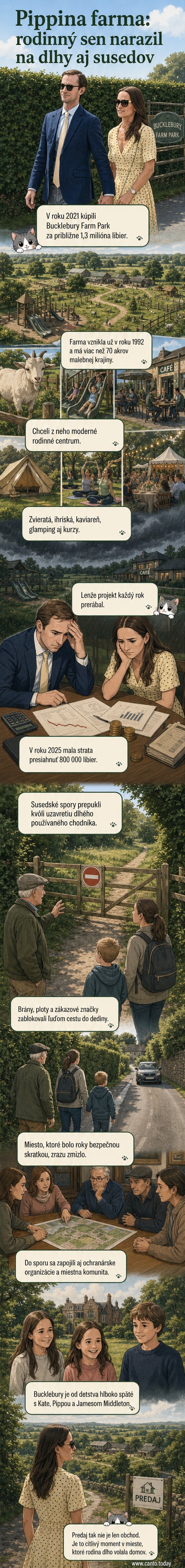 Ilustrácia Bucklebury Farm Park s glampingovými stanmi, detským ihriskom a kaviarňou, okolo nej plot a brána, za ktorou protestujú miestni obyvatelia.