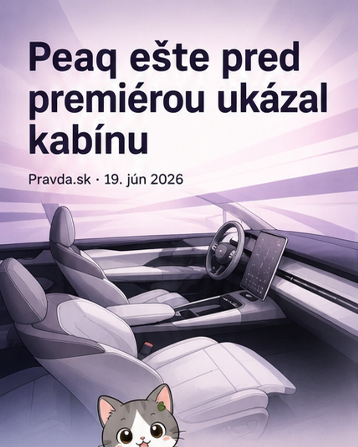 Ilustrácia interiéru Škody Peaq s vertikálnym displejom, troma radami sedadiel a priestorným batožinovým priestorom.