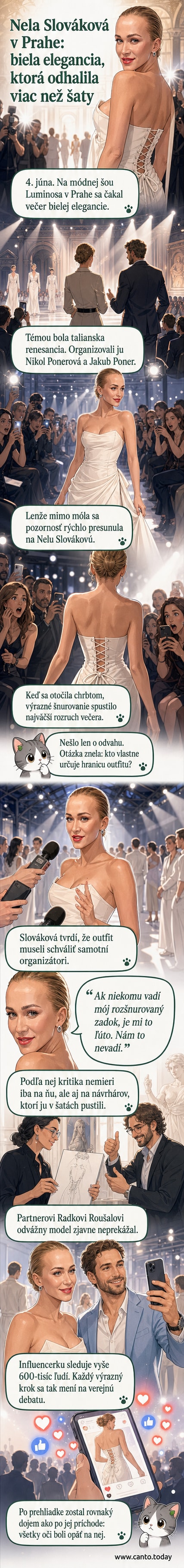 Nela Slováková v bielych extravagantných šatách so šnurovaním na chrbte stojí na módnej prehliadke, pozadie je čiastočne odhalené, na pozadí ľudia a architektúra tržnice.
