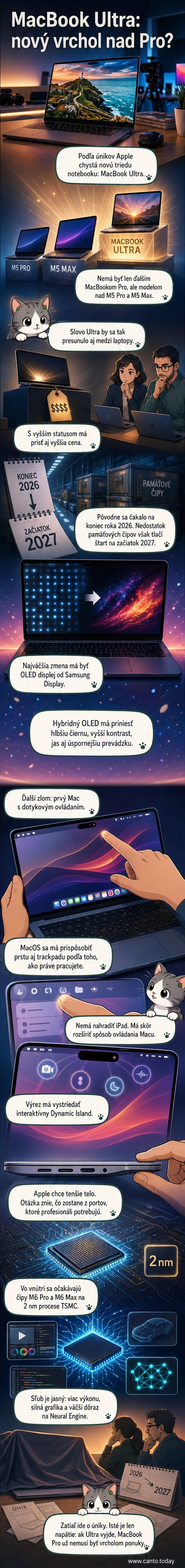Ilustrácia tenkého MacBooku Ultra s dotykovým OLED displejom, Dynamic Island v hornej časti obrazovky a čipom M6 v pozadí.