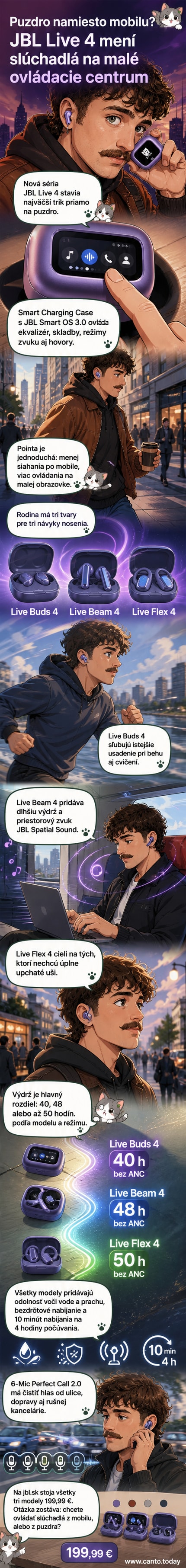 Ilustrácia nových slúchadiel JBL Live 4 s veľkým displejom na inteligentnom puzdre, ktoré zobrazuje ovládanie hudby a notifikácie.