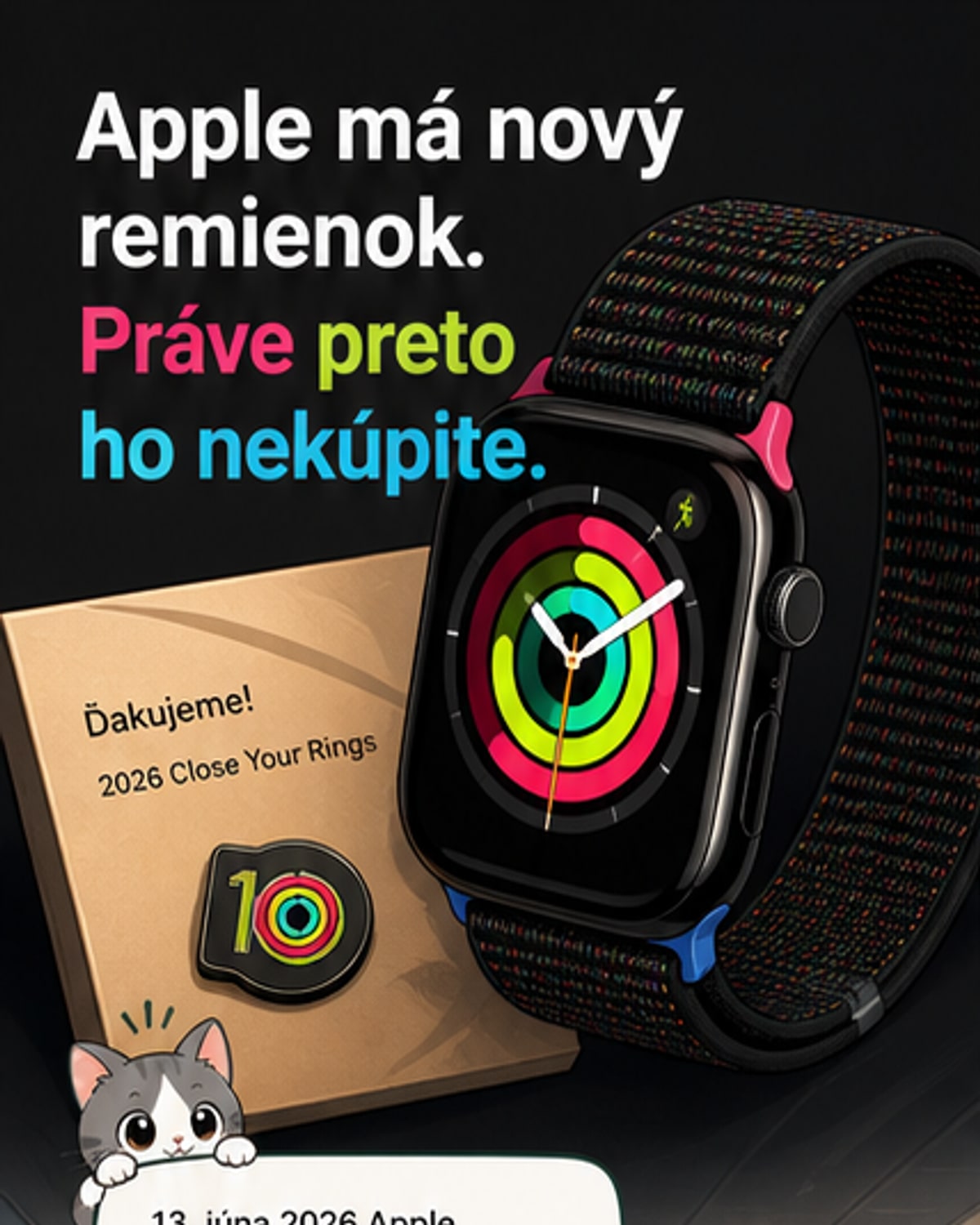 Čierny limitovaný remienok Apple Watch s farebnými úchytmi v tóne krúžkov Pohyb, Cvičenie a Státie, položený na bielej podložke s kolekčným odznakom.