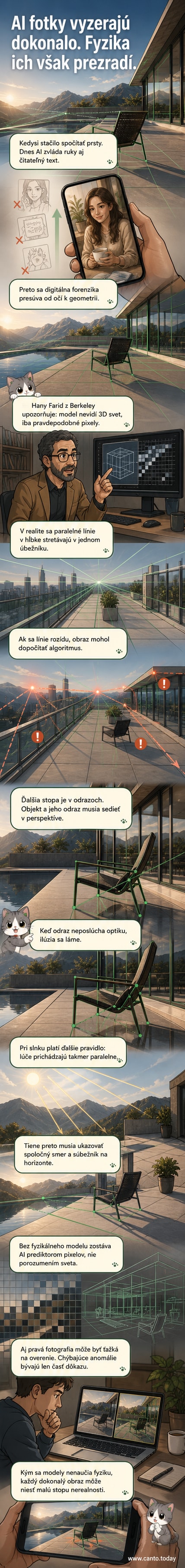 Ilustrácia ukazuje kontrast medzi realistickým AI-generovaným obrázkom a zväčšením detailu, kde sú zvýraznené nesúladné tieňe a geometrické chyby v perspektíve.