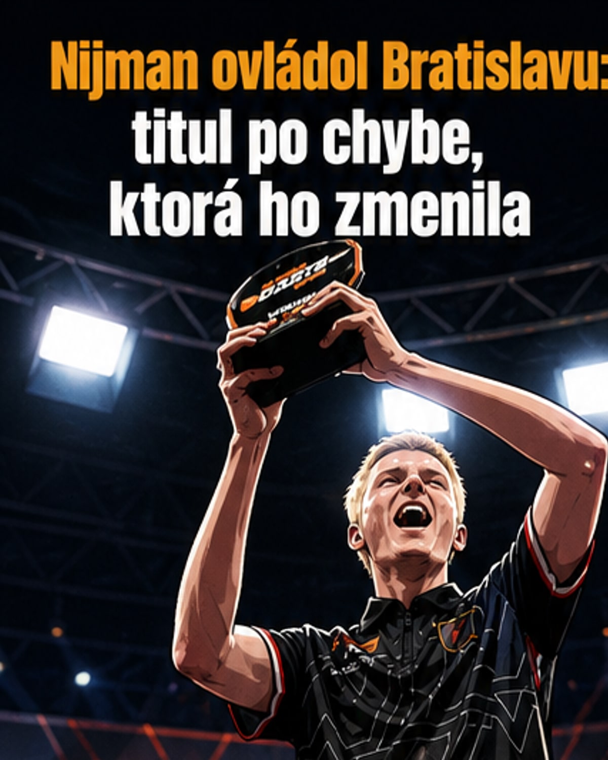 Holanďan Wessel Nijman oslavuje víťazstvo na šípkovom turnaji Slovak Darts Open 2026 v Bratislave, drží trofej a ukazuje gesto triumfu pred fanúšikmi.