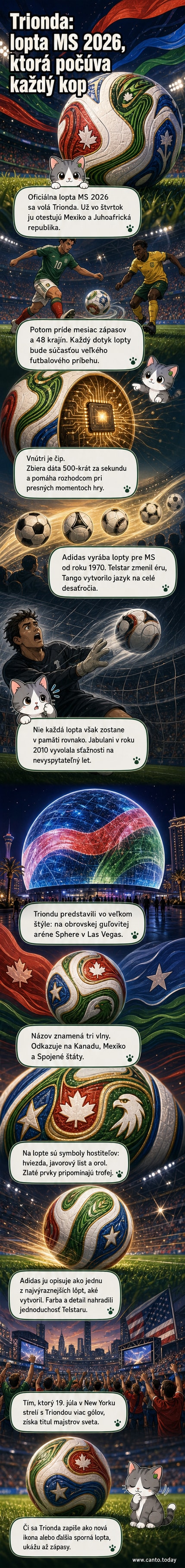 Oficiálna lopta MS 2026 Trionda od Adidasu s farebným dizajnom a vnoreným čipom, zobrazujúca symboly troch krajín – hviezdu, javorový list a orla.