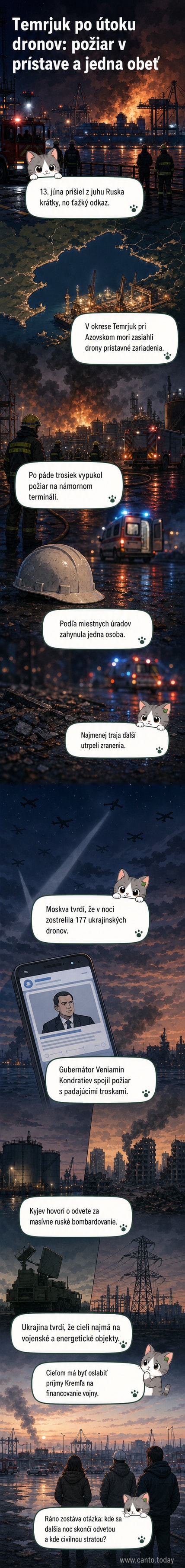 Ilustračná snímka zobrazuje nočný výjav s dronom na oblohe a požiarom na pozadí pri prístave.