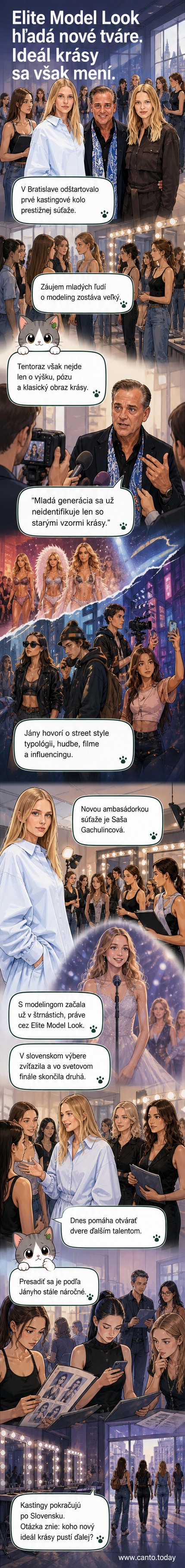 Saša Gachulincová v modrom oblečení na kastingu Elite Model Look, na pozadí publika a osvetlenia.