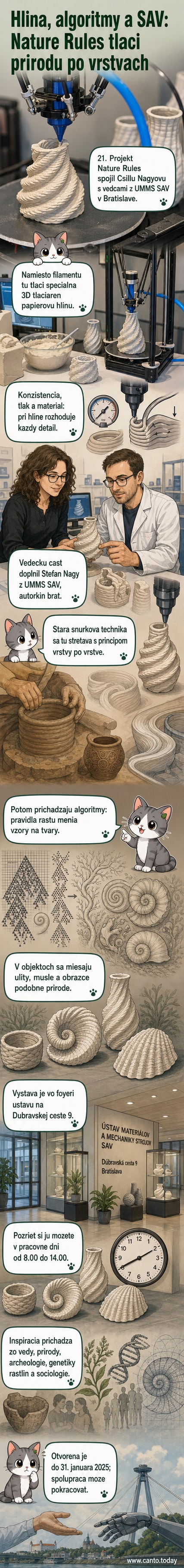 Keramické objekty z 3D tlače na bielej podložke vo výstavnom priestore, detaily zložitých algoritmických vzorov.