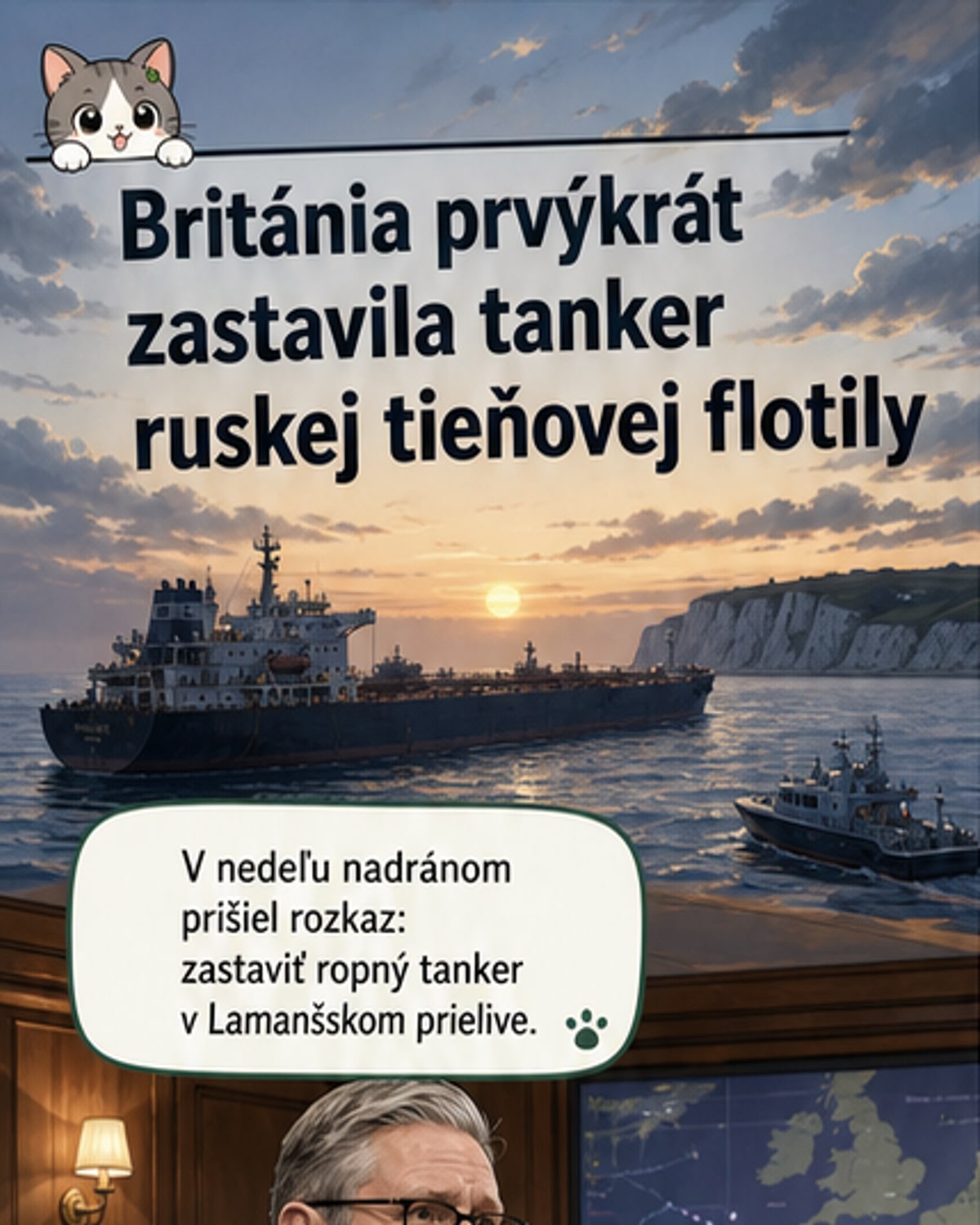Ilustrácia: Britskí vojaci kontrolujú ruský tanker v Lamanšskom prielive za súmraku.