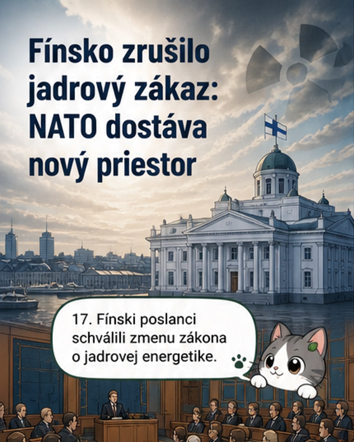 Ilustrácia fínskej mapy s jadrovým symbolom a vlajkou NATO, zobrazujúca zmenu bezpečnostnej politiky po zrušení zákazu jadrových zbraní.