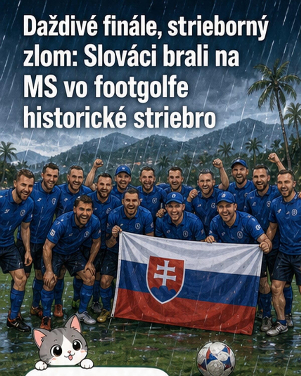 Slovenskí hráči vo footgolfe celebrujú po skončení finálovej hry na majstrovstvách sveta, daždivé podmienky, triezvy výraz, medaila visí na krku jedného z hráčov.