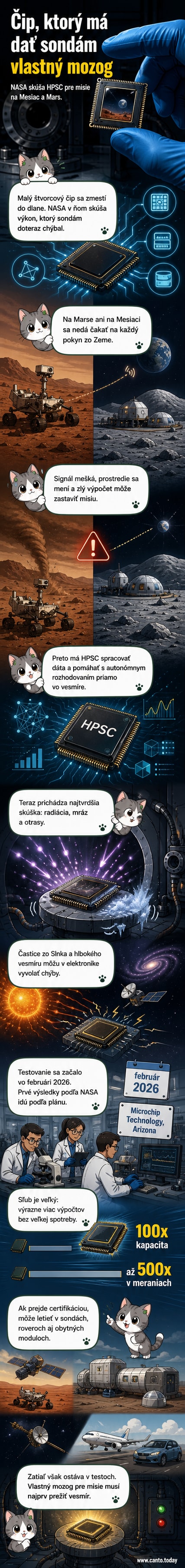 Ilustrácia: malý štvorcový čip s označením HPSC, ktorý pláva v priestore pri povrchu Marsu, na pozadí vidieť vesmírnu sondu a rudú planétu