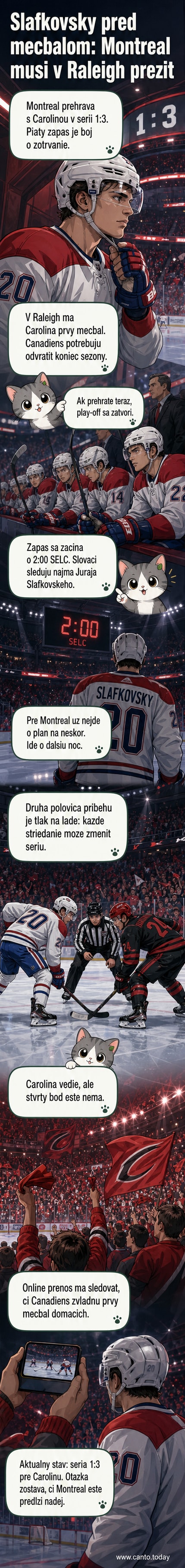 Hráč Montreal Canadiens Juraj Slafkovský bojuje o loptu proti obrancovi Carolina Hurricanes počas kľúčového zápasu play-off NHL.