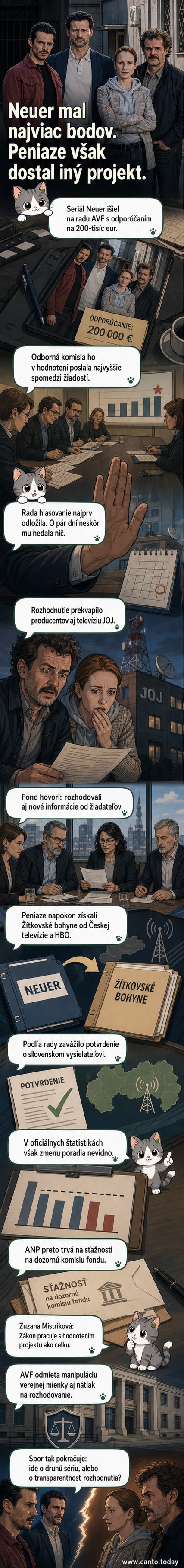 Ilustrácia seriálu Neuer s postavami v mestskom prostredí, na pozadí budova televízie a symbolické znázornenie rozhodovania o dotáciách.