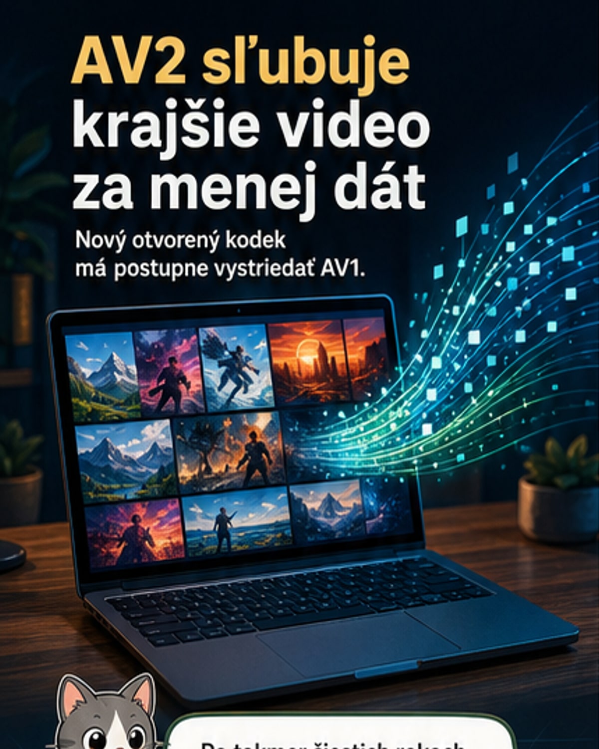 Ilustrácia zobrazuje dve vedľa seba stojace videa – jedno s označením 'AV1' s viditeľnými kompresnými chybami, druhé 'AV2' s hladkým obrazom a nižšou dátovou náročnosťou, na pozadí ikony YouTube a Netflix.