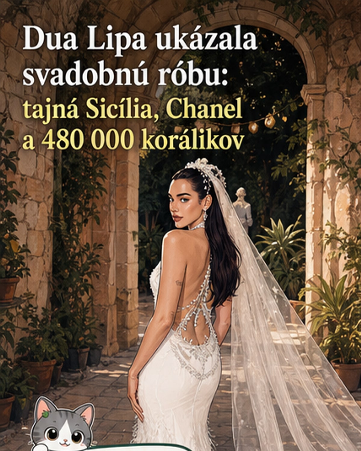 Dua Lipa v bielom svadobnom šatstve s dlhým závojom a dramatickou vlečkou stojí s Callumom Turnerom na oslave v Palerme.