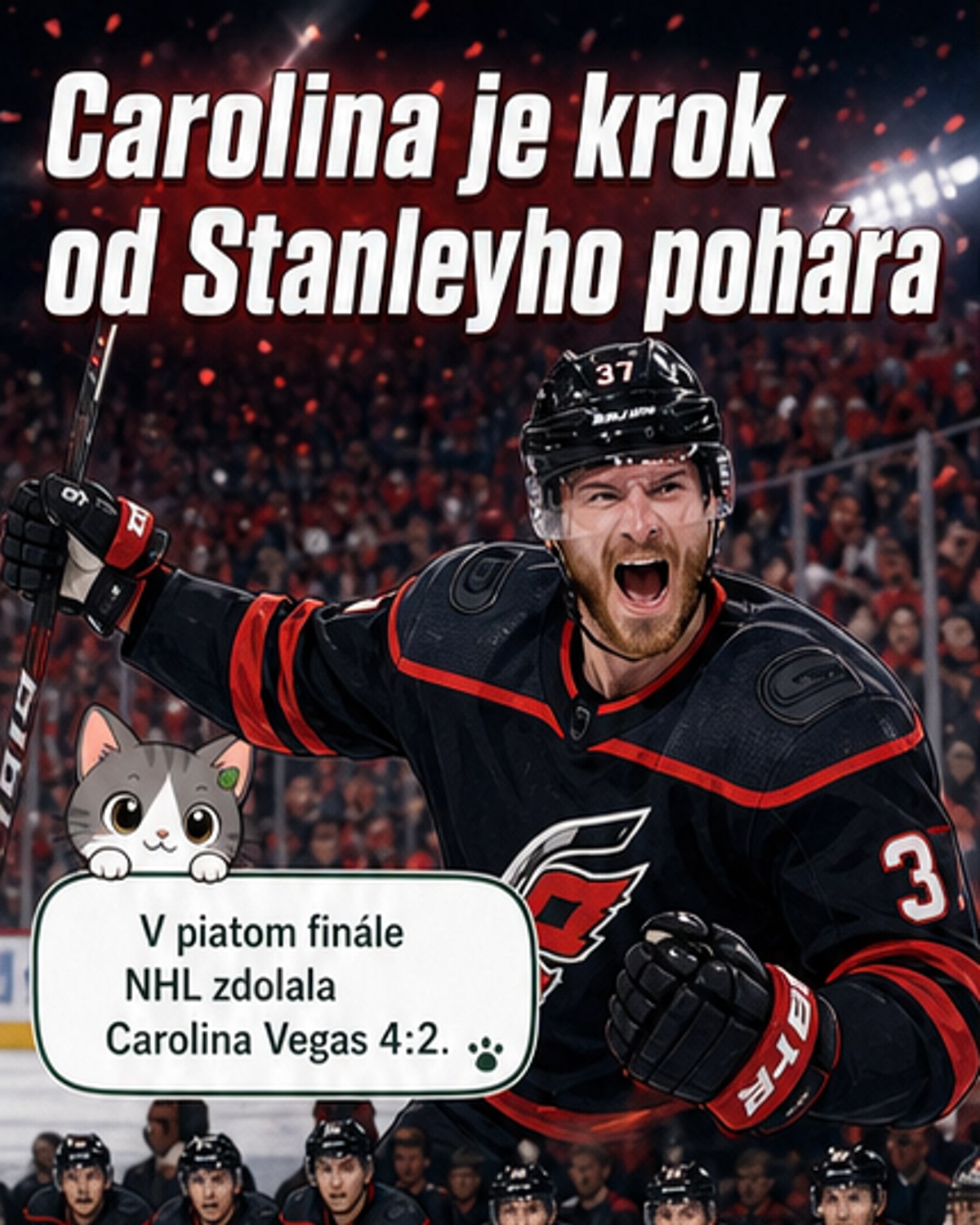 Hokejový zápas medzi Carolina Hurricanes a Vegas Golden Knights, hráči na ľade v akcii, publiko na tribúnach.