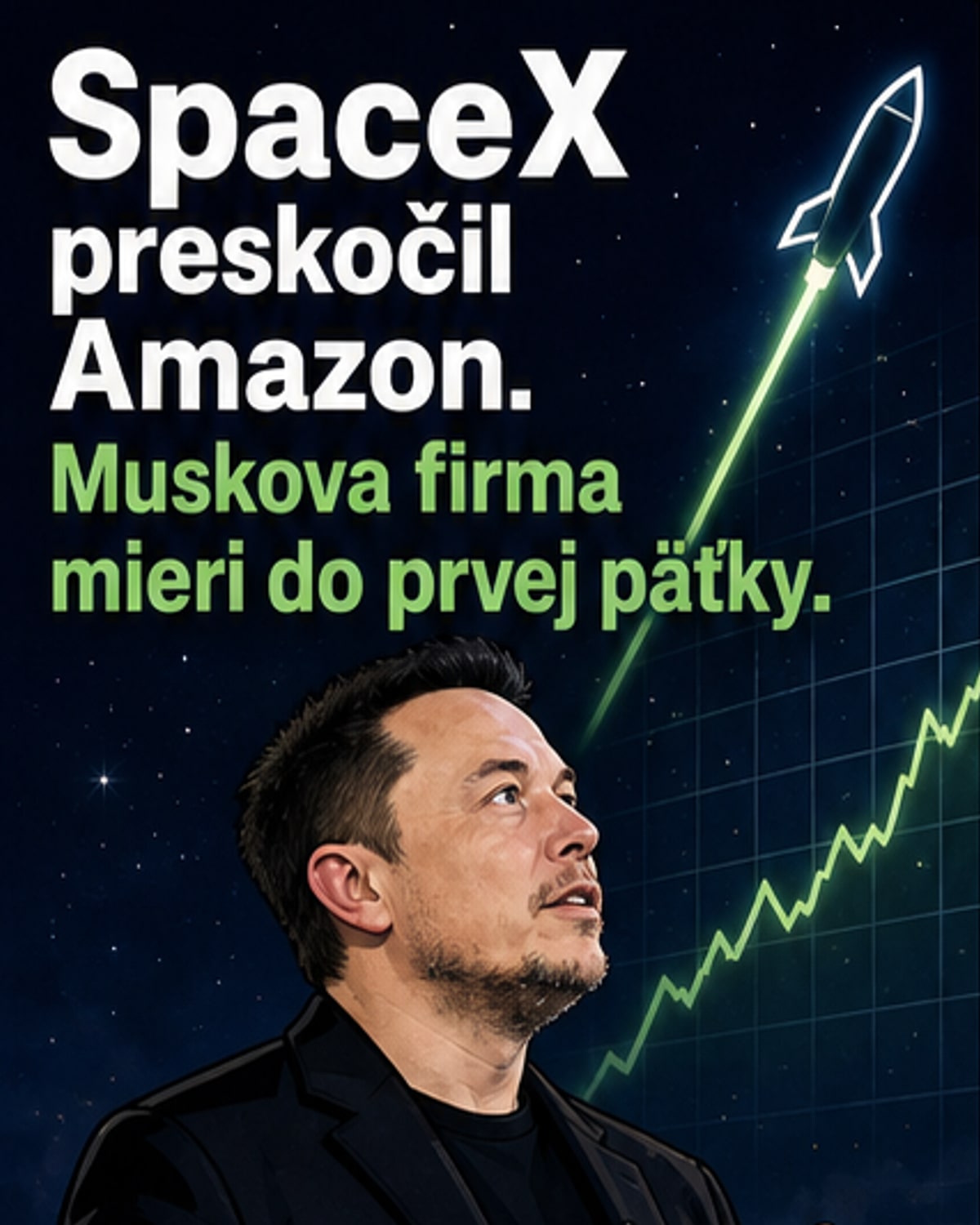 Ilustrácia rakety SpaceX s burzovým grafom rastúcej hodnoty vedľa loga Amazonu, ktoré zostáva dole.