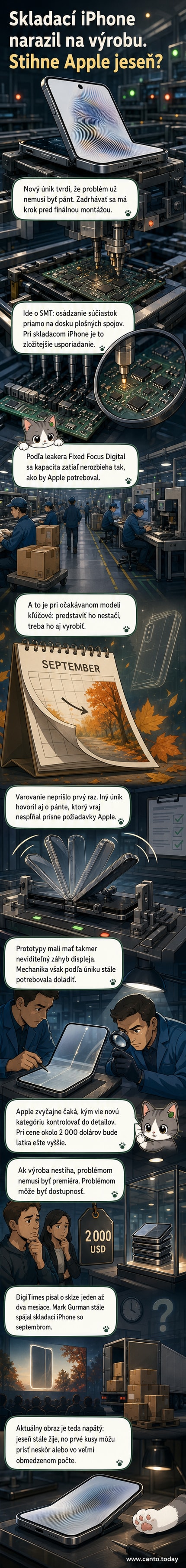 Ilustrácia skladacieho iPhonu s otvoreným a zatvoreným displejom, s detailom elektronickej dosky a SMT procesu v pozadí.