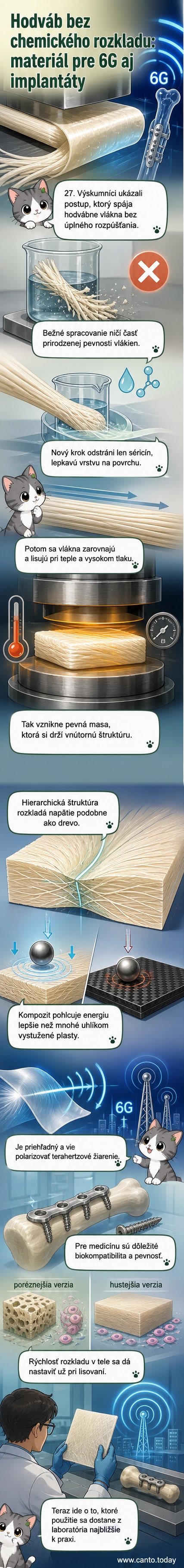 Ilustrácia procesu lisovania hodvábnych vlákien do pevného kompozitu, s detailom hierarchickej štruktúry a aplikáciami v medicíne a telekomunikáciách.
