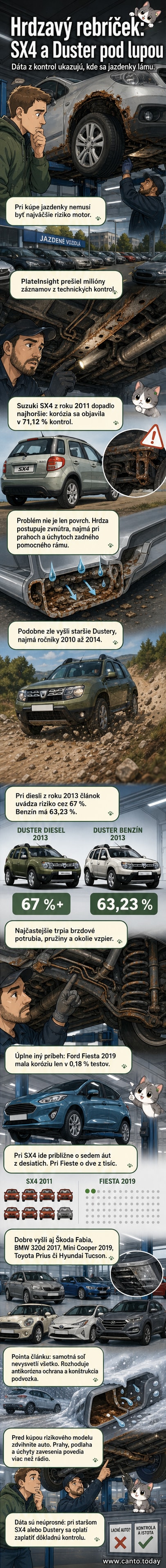 Ilustrácia dvoch ojazdených áut — jedno s hrdzavým podvozkom, druhé v dobrom stave — s grafikou porovnania odolnosti.