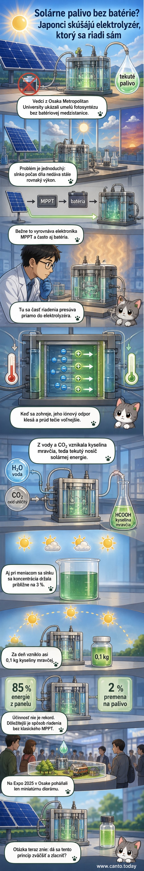 Ilustrácia solárneho panela pripojeného k reaktoru, ktorý z vody a CO₂ vyrába kyselinu mravčiu, so svetelnými lúčmi a molekulárnymi štruktúrami na pozadí