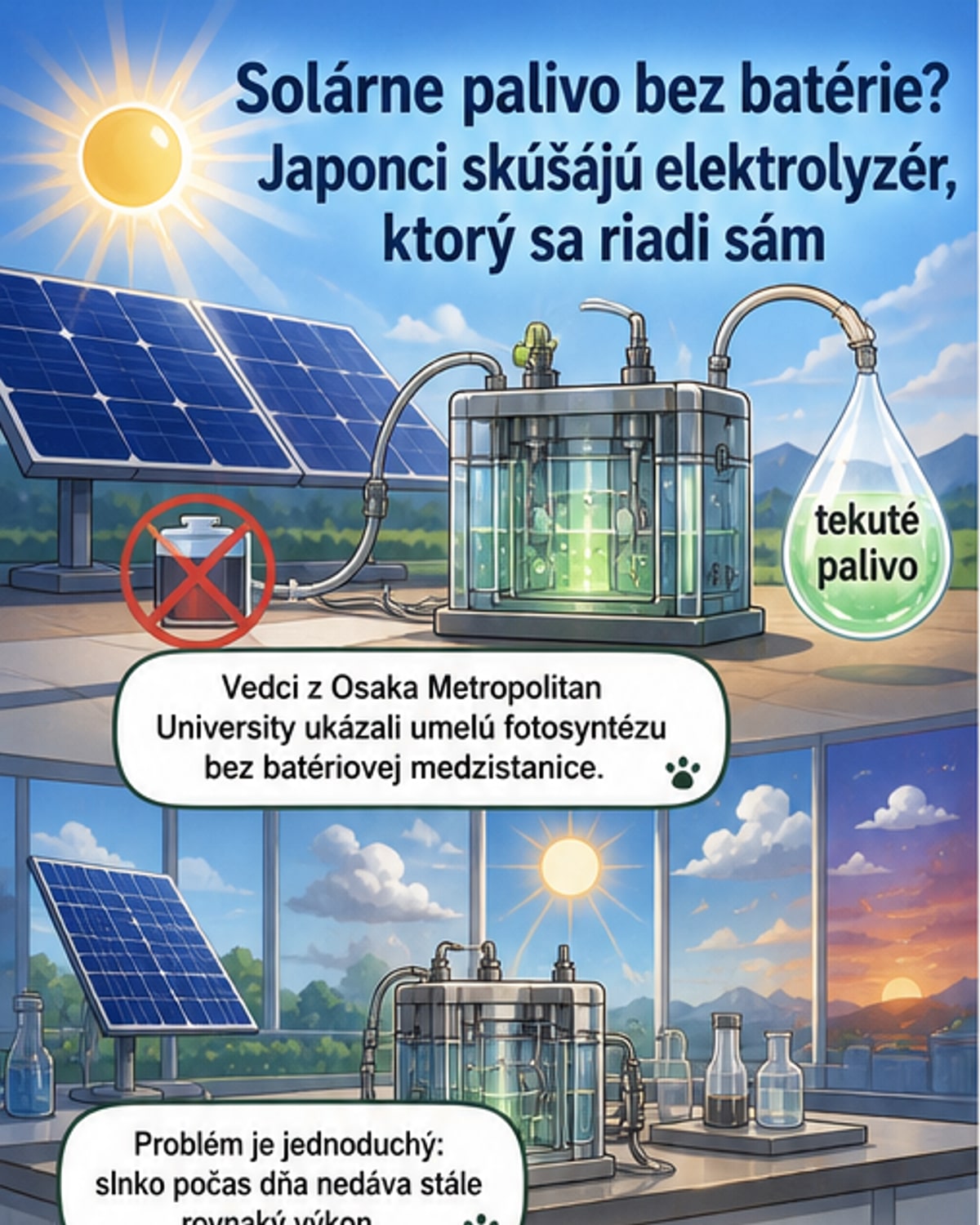 Ilustrácia solárneho panela pripojeného k reaktoru, ktorý z vody a CO₂ vyrába kyselinu mravčiu, so svetelnými lúčmi a molekulárnymi štruktúrami na pozadí