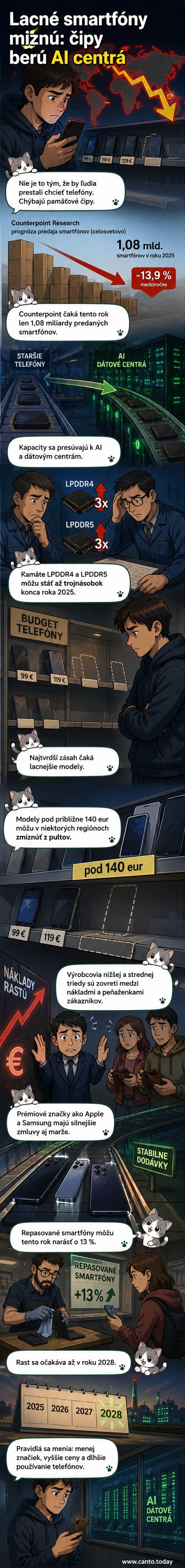 Ilustrácia zobrazuje rozpadajúci sa smartfón s ikonami pamäťových čipov a AI serverov v pozadí.