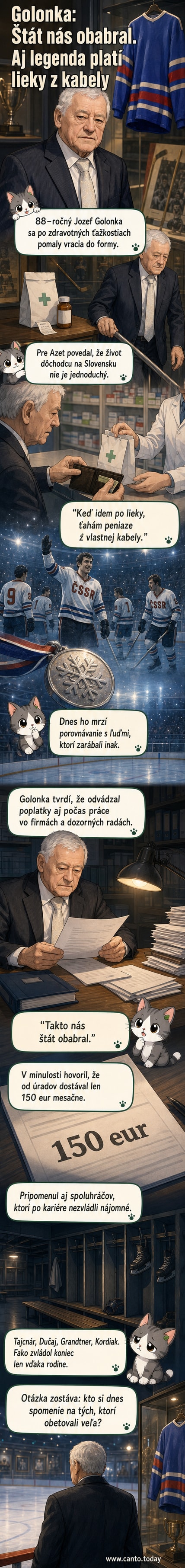 Jozef Golonka sedí na stoličke, v pozadí hokejové tribúny a pamätné fotky z kariéry.