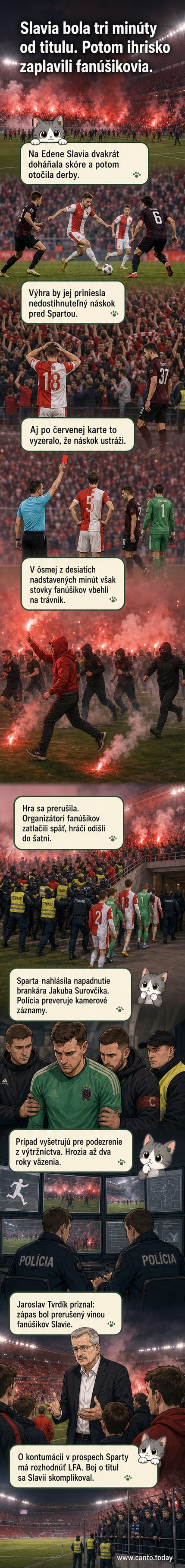 Futbalové ihrisko po vtrhnutí fanúšikov – policajti zaisťujú poriadok, hráči odchádzajú do šatní.