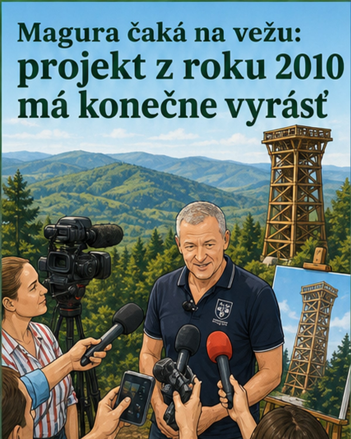 Ilustrácia novej vyhliadkovej veže na vrchu Magúra s turistami pozorujúcimi panoramatický výhľad na okolité vrchy a krajinu, v pozadí vidieť informačné tabule a ďalekohľady.