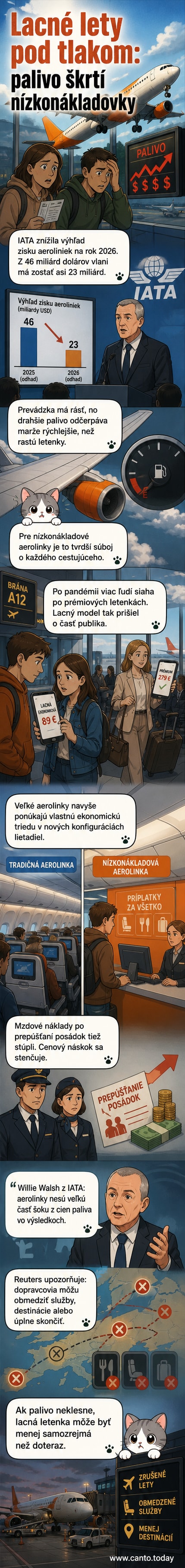 Ilustrácia lietadla s roztrhnutým logom nízkonákladovej spoločnosti, na pozadí plameňov a grafu rastúcich cien paliva.